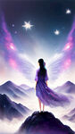 星空 在山顶上一个穿着紫色连衣裙的美女背影上有一双发光的翅膀