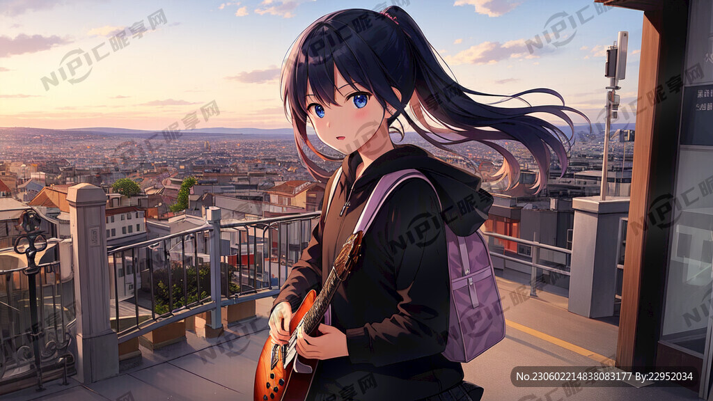 背着吉他的少女 散步 黄昏