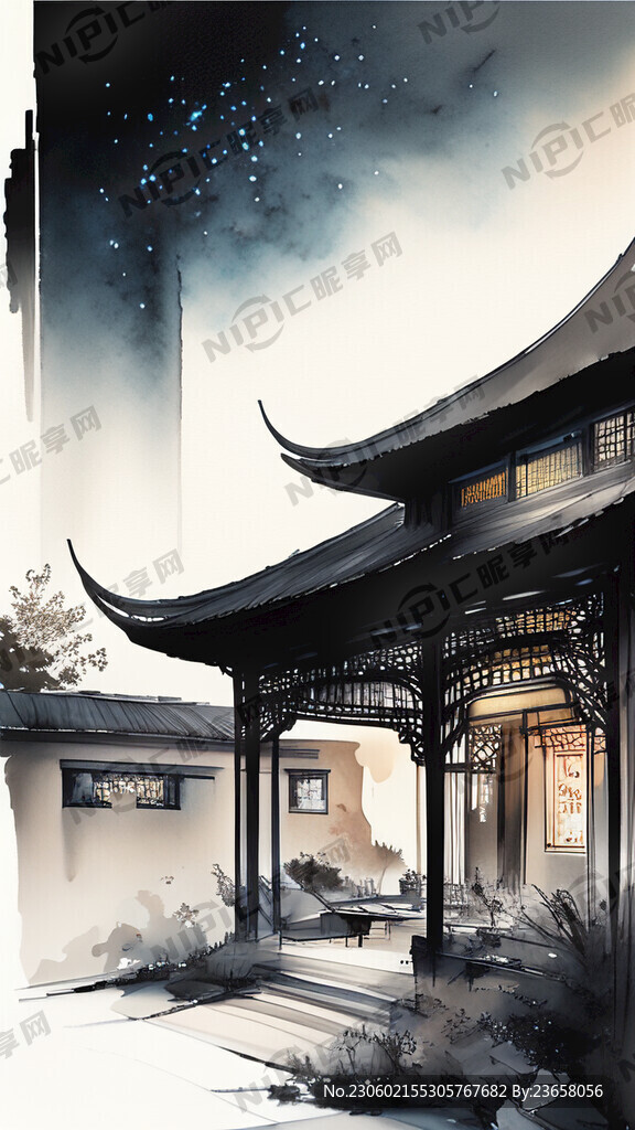 房地产 中式合院 夜晚星空露台