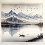 高山环绕的湖面雪花飘飞 一页扁舟在湖面上 孤独的飞鸟在天空盘旋