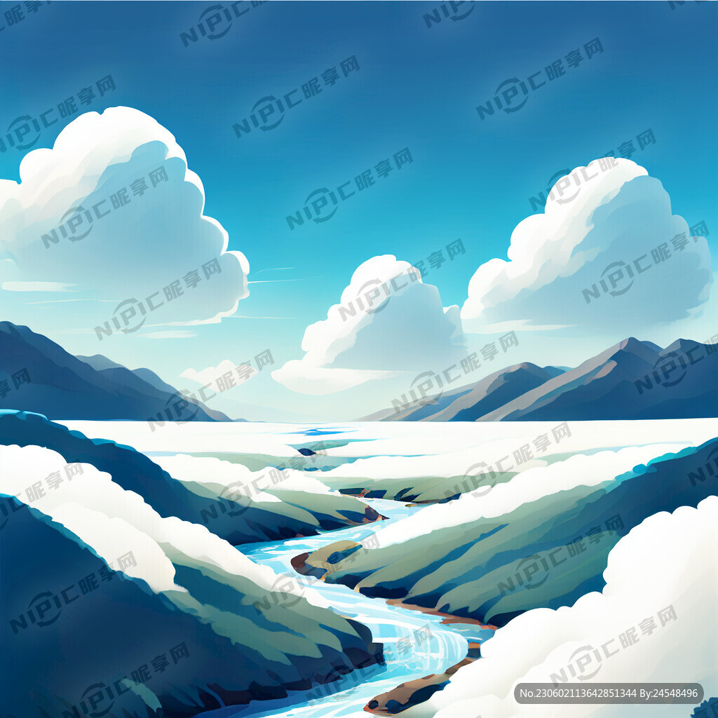 蓝天白云溪流