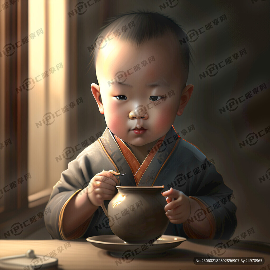 一个小孩在喝茶