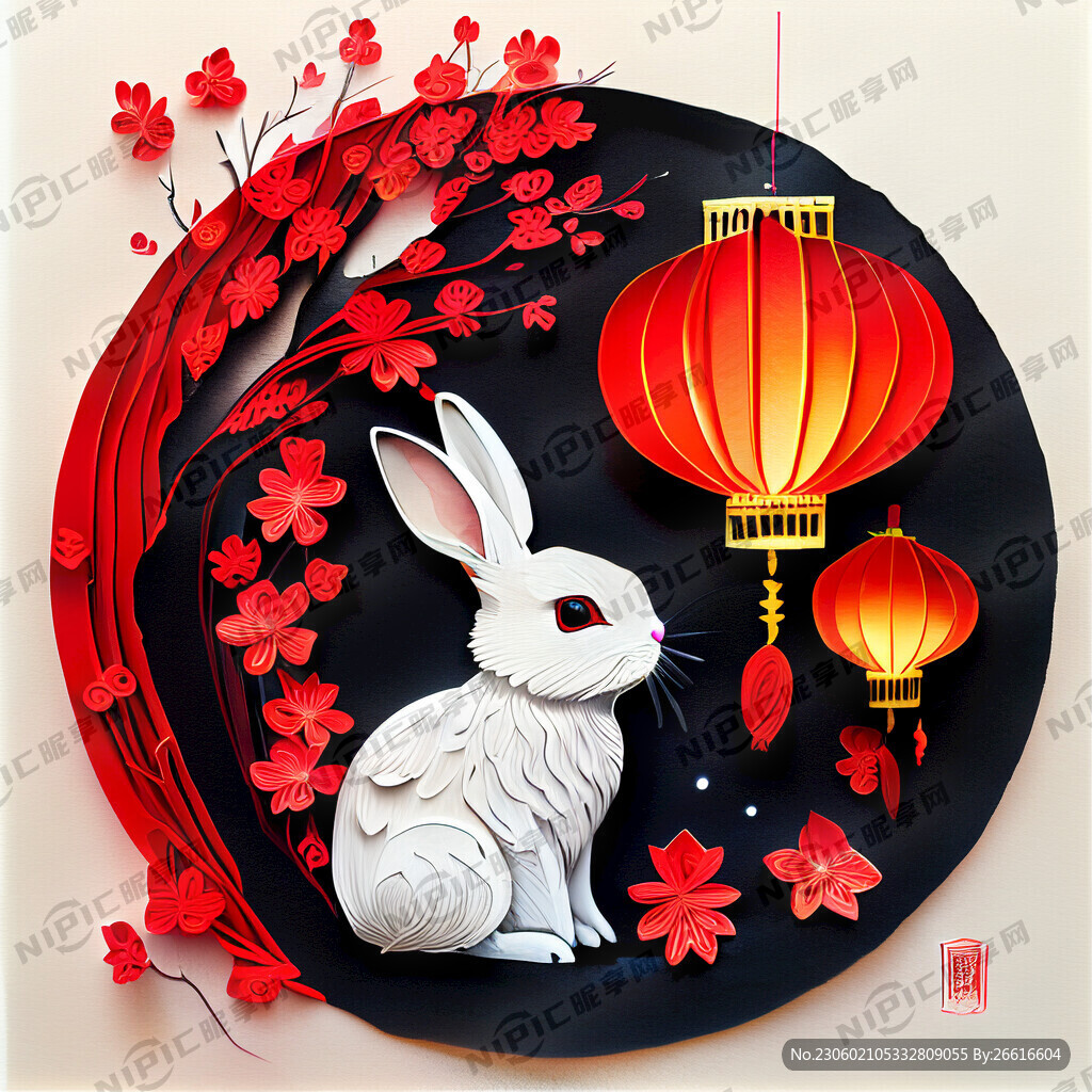 衍纸艺术 春节 可爱兔子 红梅
