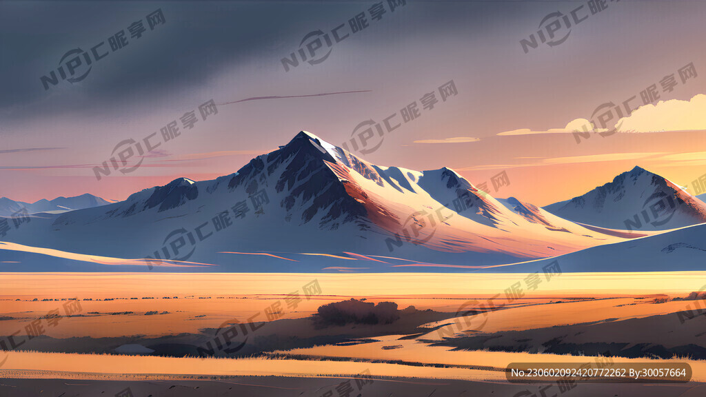 黄昏 草原 雪山 插画风格