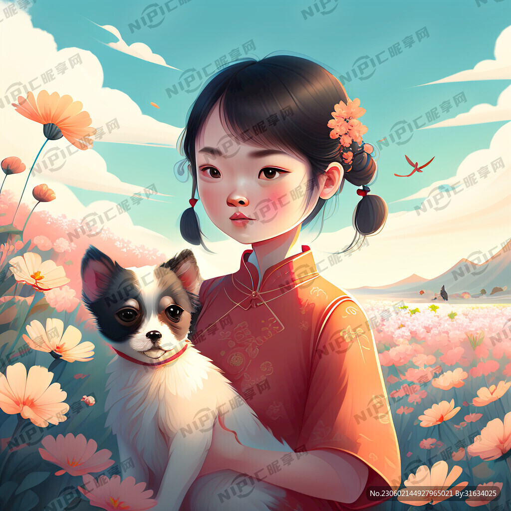 一个女孩 一片花海 一只小狗