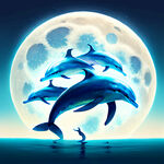 海豚群，弯弯的蓝月亮，闪亮的繁星
