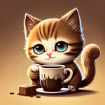 卡通小猫喝咖啡，卡通小猫拿这咖啡杯