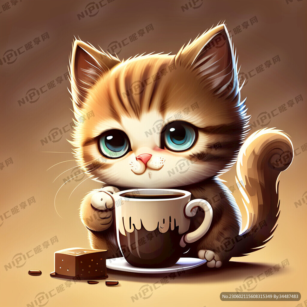 卡通小猫喝咖啡