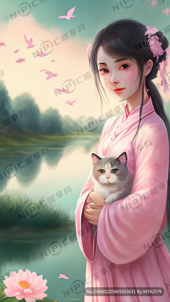 粉色古风汉服可爱少女抱着猫咪在