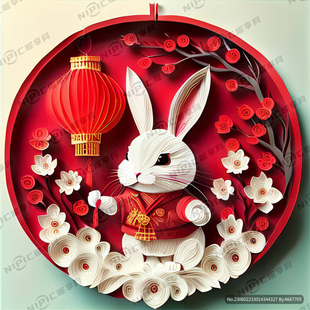 衍纸艺术 春节 可爱兔子 红梅