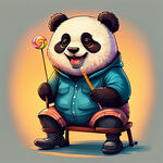 时尚卡通熊猫，微笑的笑容，手里拿着一根棒棒糖，穿着休闲服，坐着摇摇凳