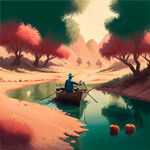 在绿洲的小溪中有个人在划船， 小溪边上长了一些红色的桃子