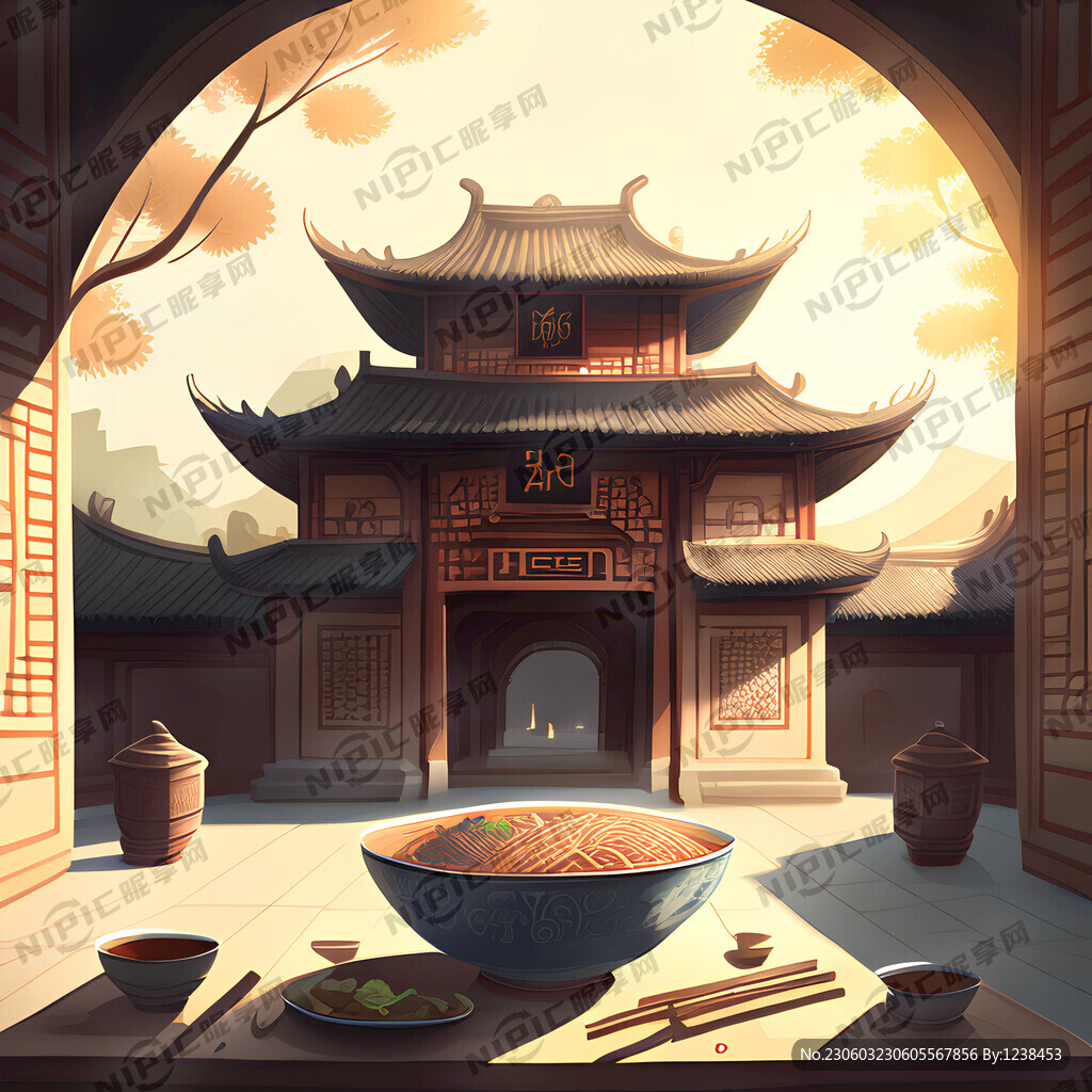 古建筑 阳光 桌子 一碗牛肉面