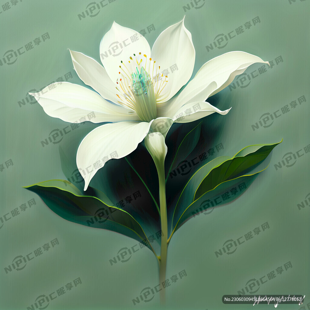 白花 垂下 青色肌底 油画效果