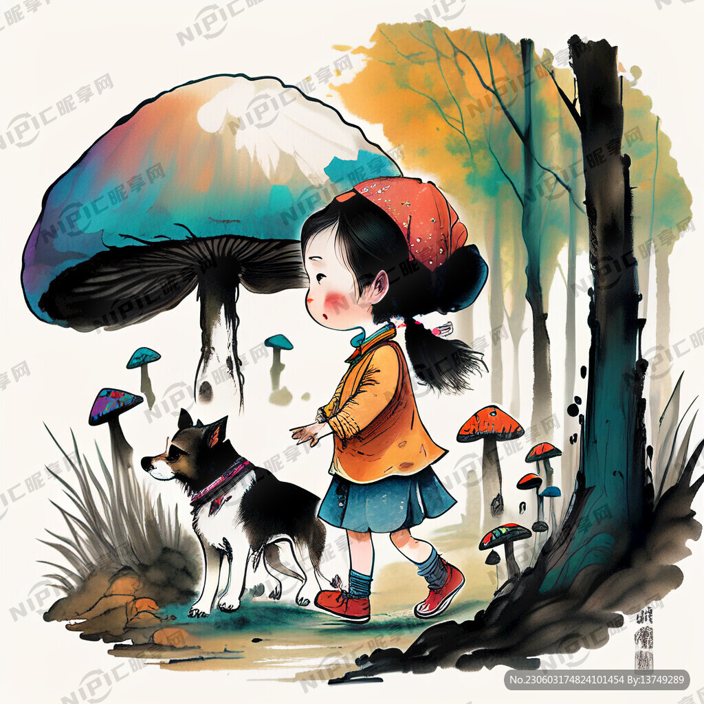 插画 中国小女孩在森林加蘑菇