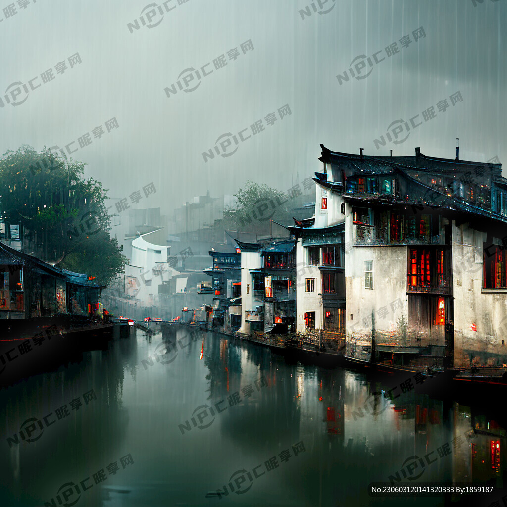 雨中的江南小镇