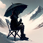 雪山，椅子上坐着男孩，黑色连帽，右手拿着伞，赛格朋克风