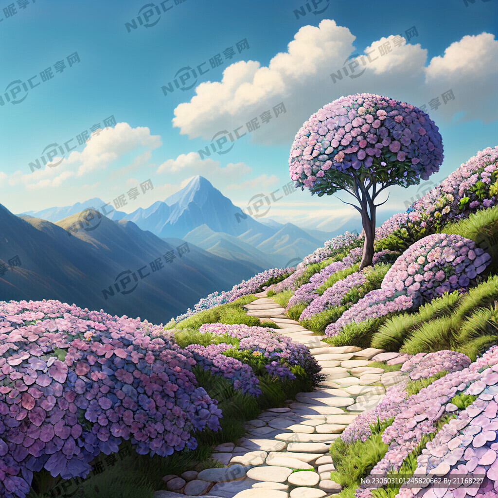 很多绣球花 石头小路 深山