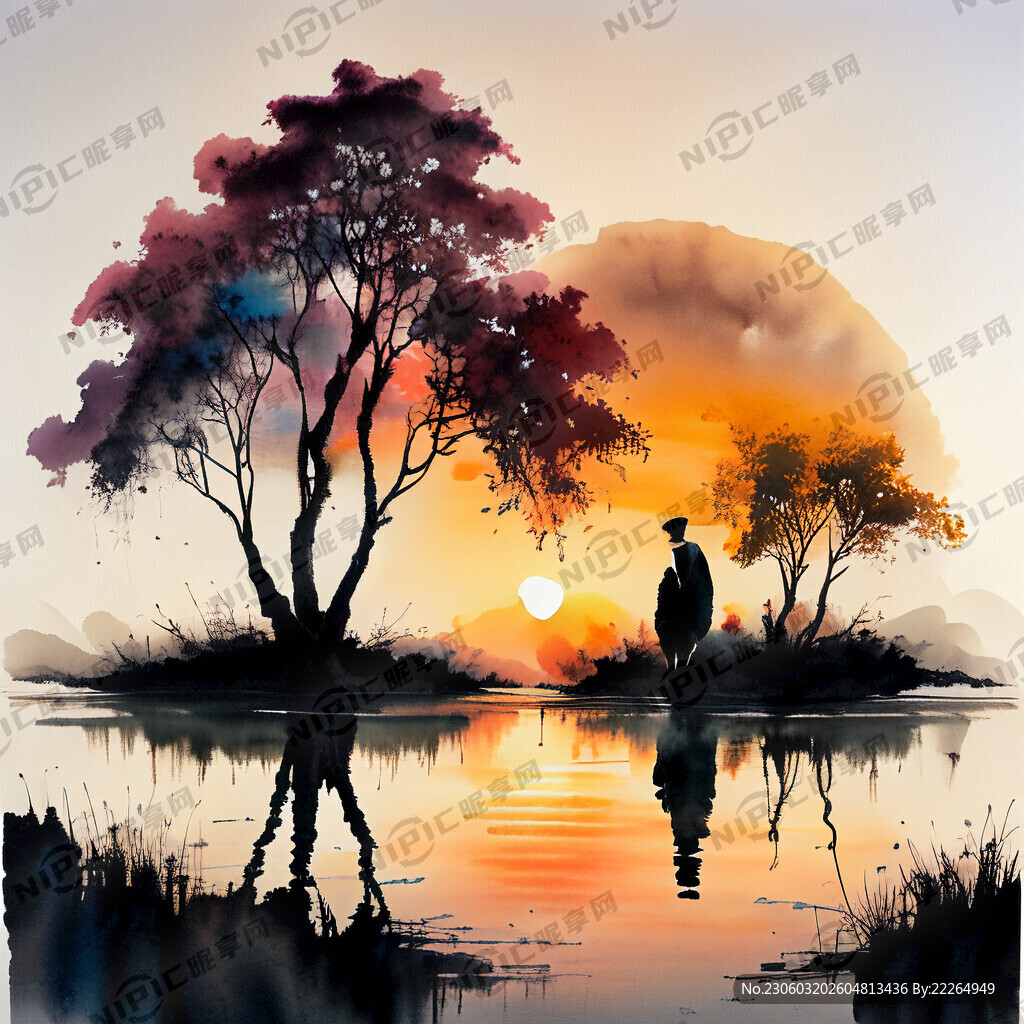 壮观的夕阳 大树 两个人的背影