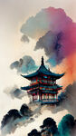 中国古典建筑，五彩祥云，二只凤凰，晴天，云雾缭绕