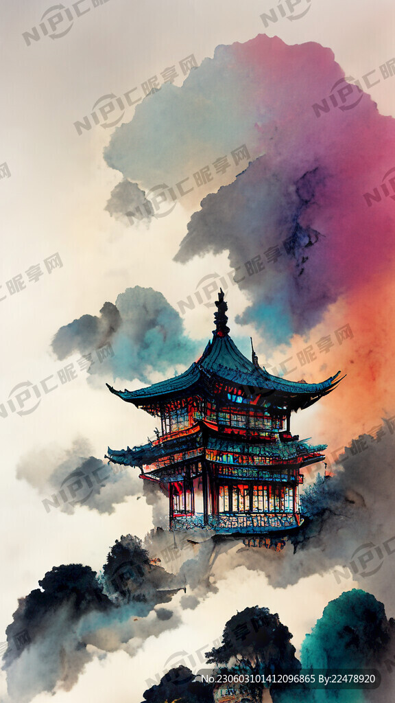中国古典建筑 五彩祥云 晴天