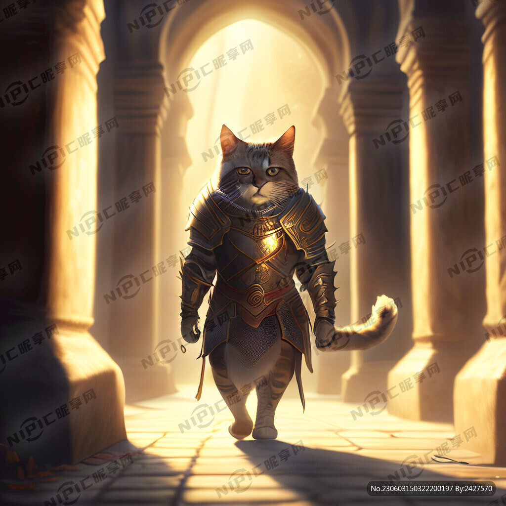 一只猫穿着盔甲在古道中逆光行走