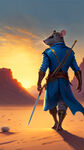 一只老鼠穿着蓝色西装身后背着一把长剑，在沙漠中迎着太阳艰难的行走