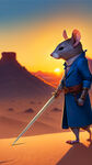 一只老鼠穿着蓝色西装身后背着一把长剑，在沙漠中迎着太阳艰难的行走