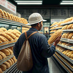 一个戴着安全帽的农民工，在超市选择面包，看来看去，选择了一个最便宜的