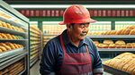一个戴着红色安全帽的农民工，在超市选择面包，看来看去，选择了一个最便宜的