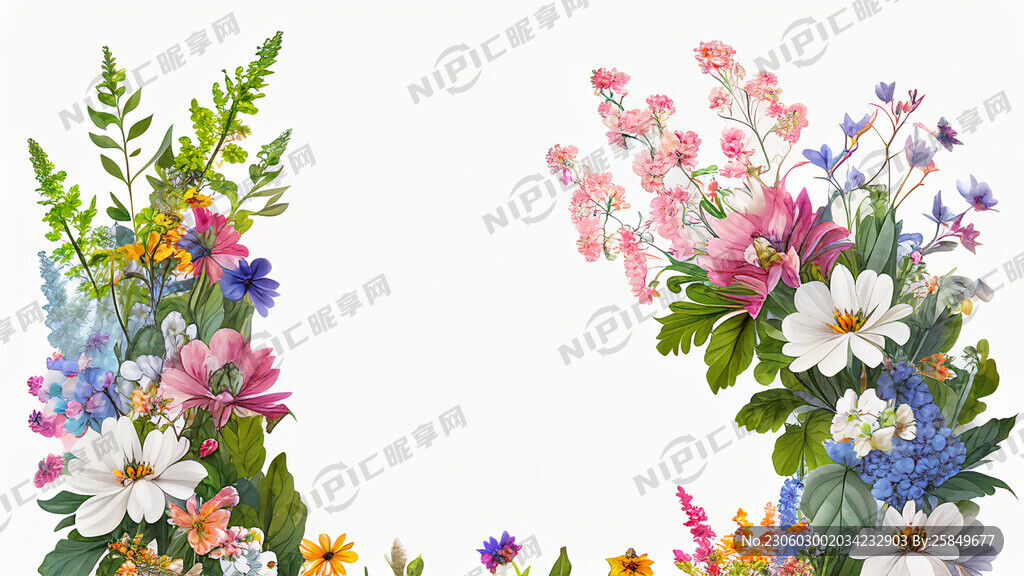 白色背景 一横排 很多花束