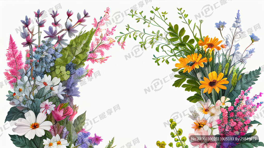 白色背景 一横排 很多花束