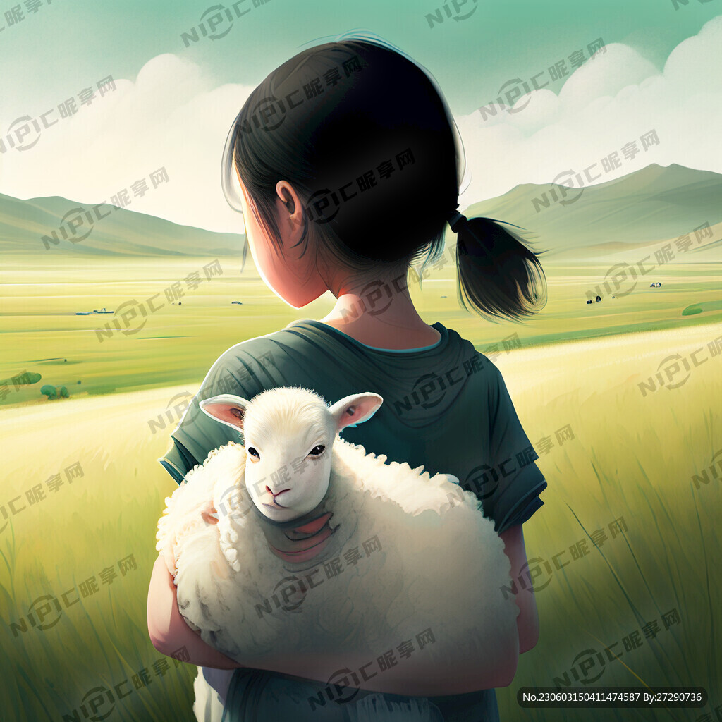 一个少女抱着一只小羊羔
