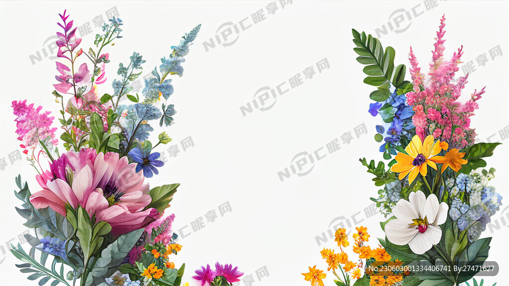 白色背景 一横排 很多花束