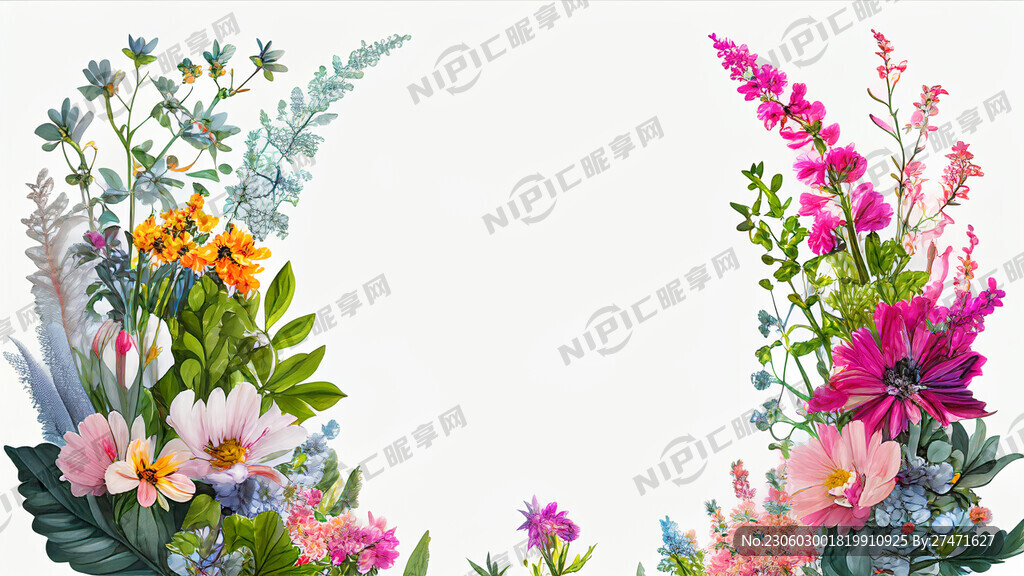 白色背景 一横排 很多花束