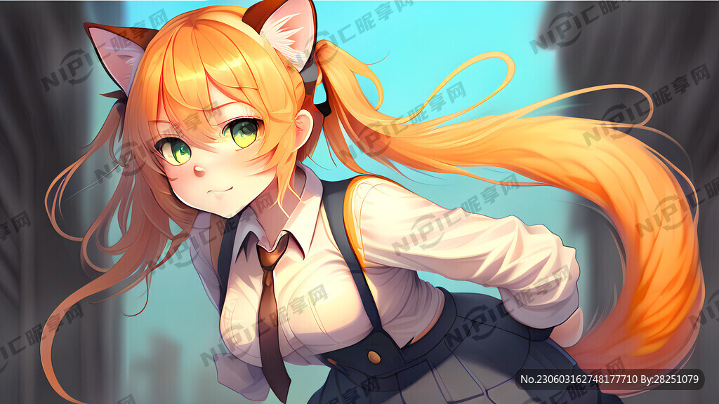 猫耳 橘黄头发 背带 制服