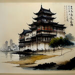 上海外滩建筑，工笔画风格，中国风长卷，黄埔江