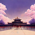 故宫的紫禁城，有清朝画家的风格，春天，建筑气势宏伟