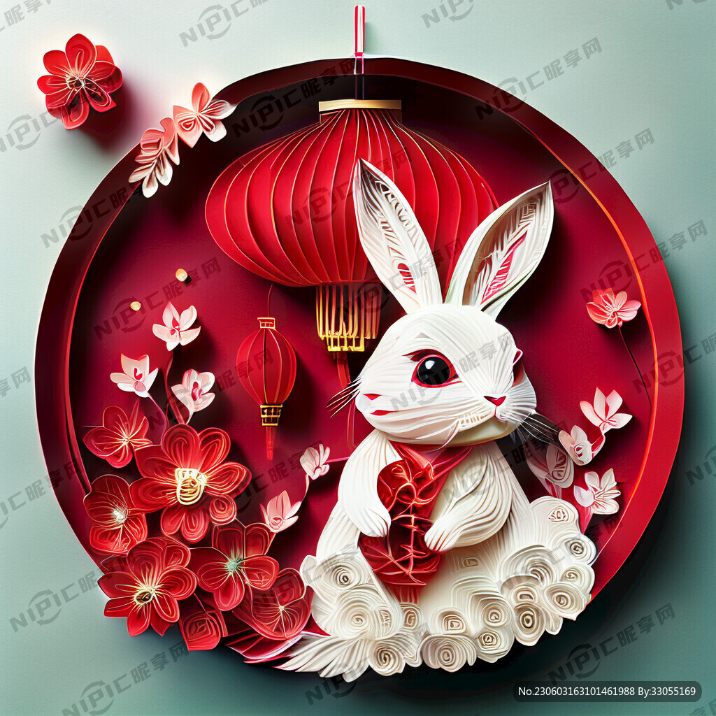 衍纸艺术 春节 可爱兔子 红梅