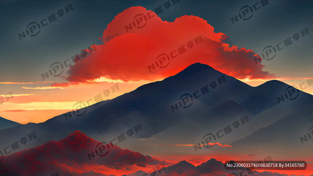 山和太阳还有红色的云