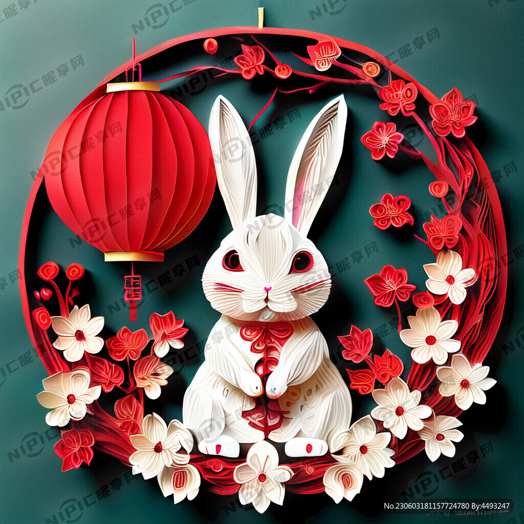 衍纸艺术 春节 可爱兔子 红梅