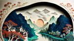 剪纸工艺 3D浮雕 美丽的风景画 中国风 江南水乡 莫兰迪配色 低饱和度