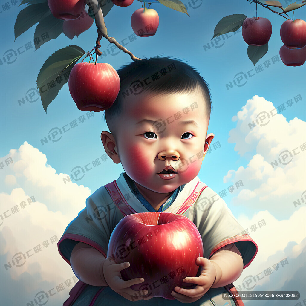苹果 小孩  蓝天 活泼