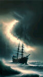 大航海时代，暴风雨的夜晚，昏暗的天空，三艘海盗船，
决斗，巨浪，神秘的，突出画面主体，大师级构图，恢弘
的场景，错综复杂的细节，低对比度，极致的光影效果，
壁纸