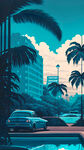 夏威夷，棕榈叶，热带植物，汽车，泳池，城市，夜景，很亮的蓝色
