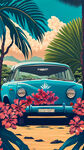 夏天，汽车，夏威夷，夏威夷的树木，夏威夷棕榈叶，很亮的蓝色，很多夏威夷花