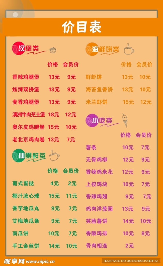 餐饮小吃价目表