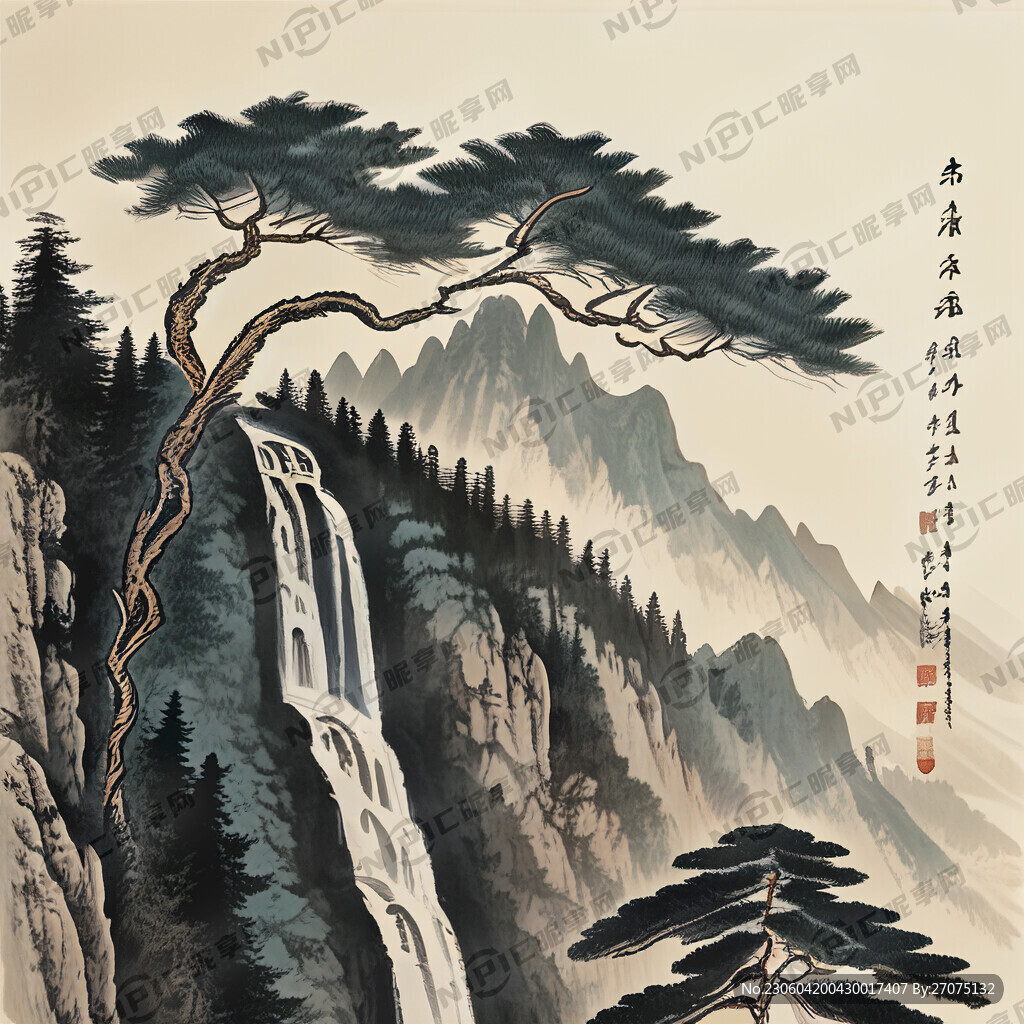 山水 瀑布 松树 仙鹤