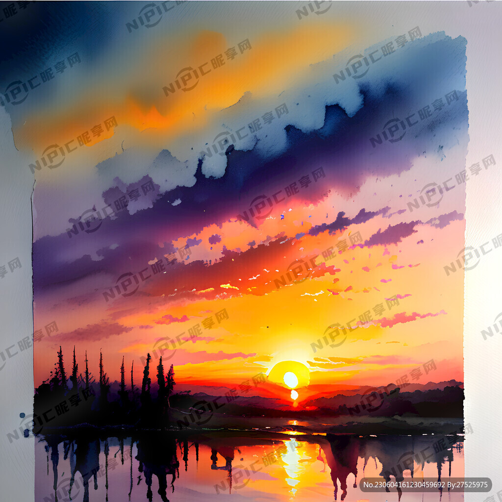 水彩油画日落夕阳
