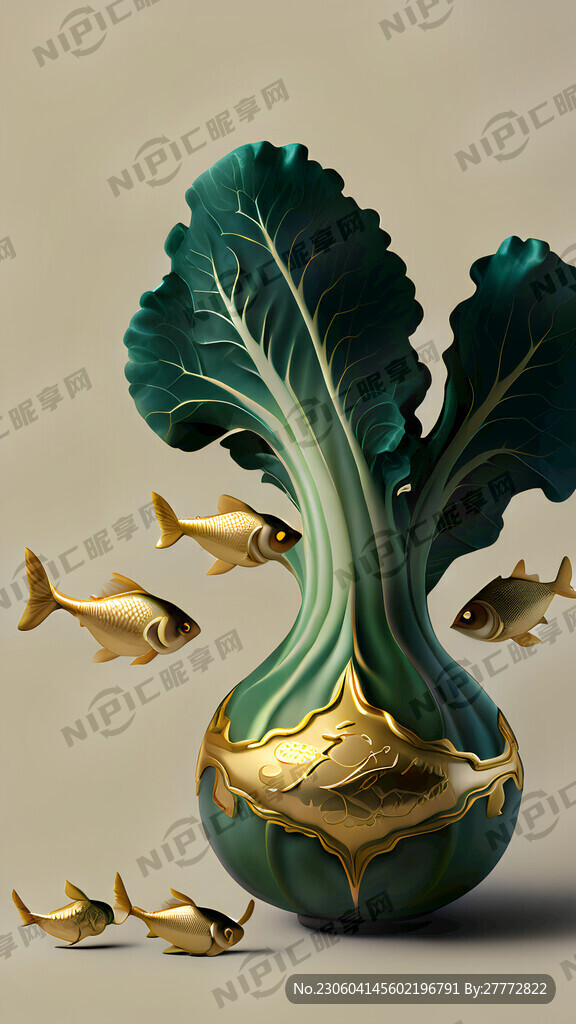 一颗绿色的玉白菜 边上还有鱼